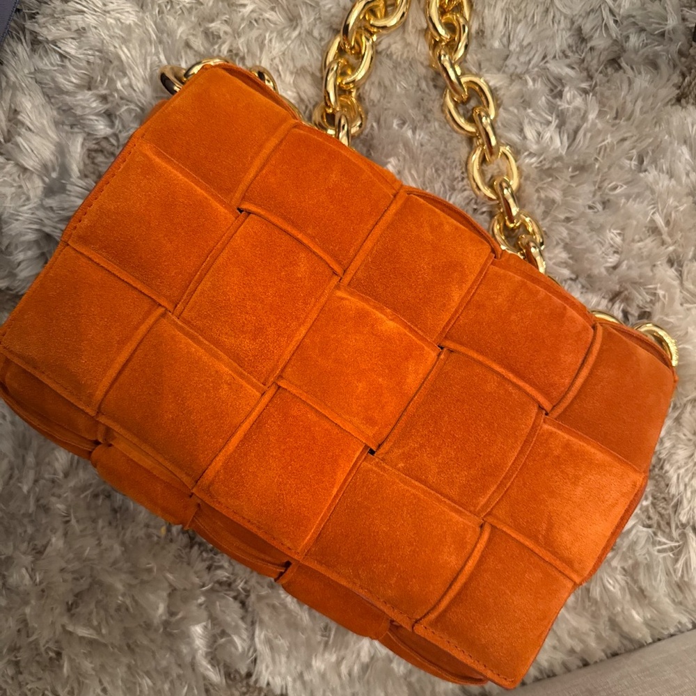 Authentic Bottega Orange Suede Woven Shoulder Bag with Gold Chain